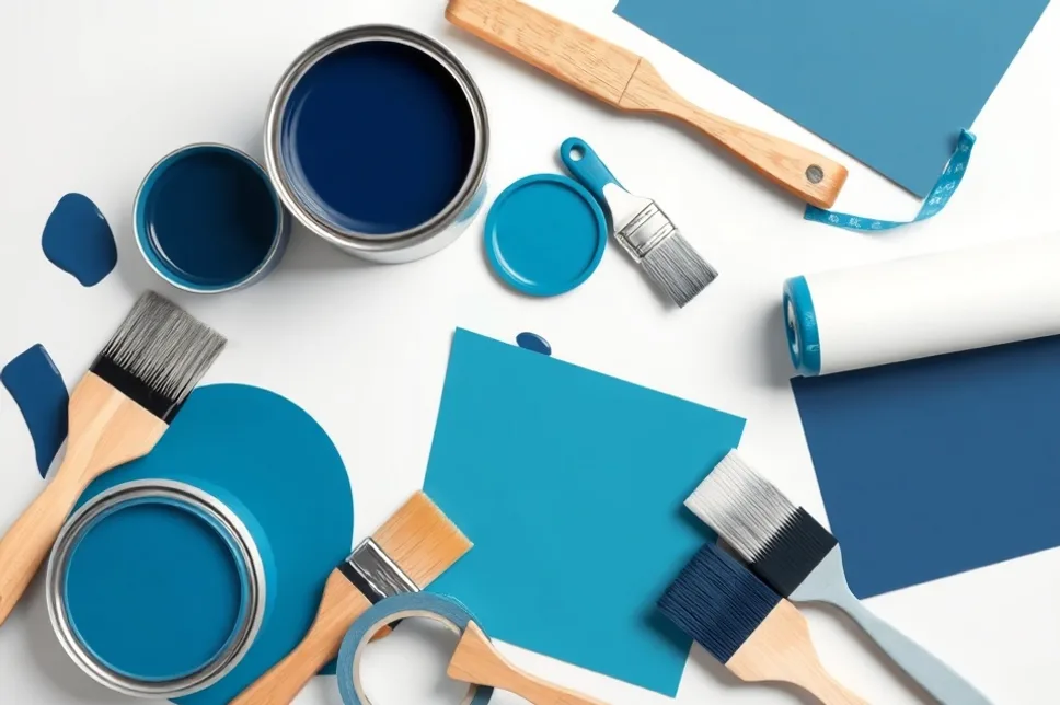 Pots de peinture, nuancier, brosses et rouleaux disposés à plat