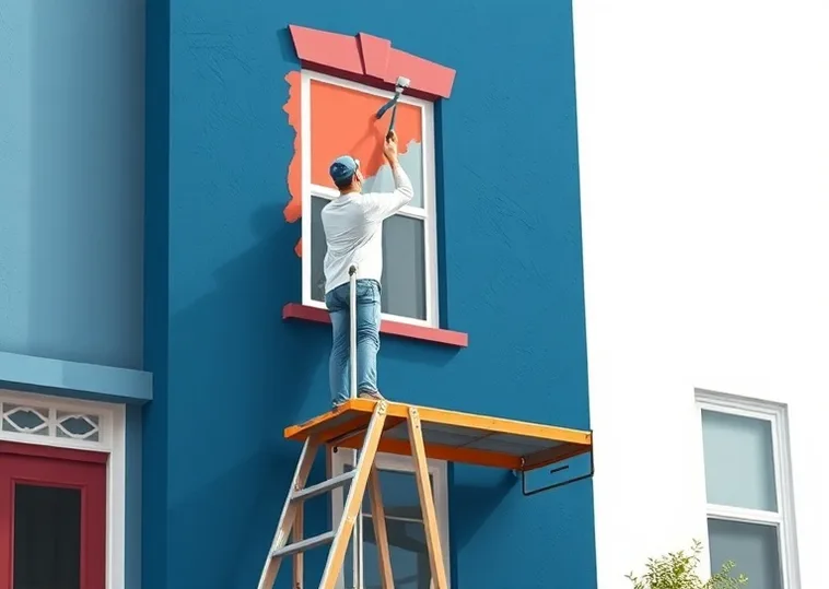 Peintre sur échafaudage traitant la façade d'une maison