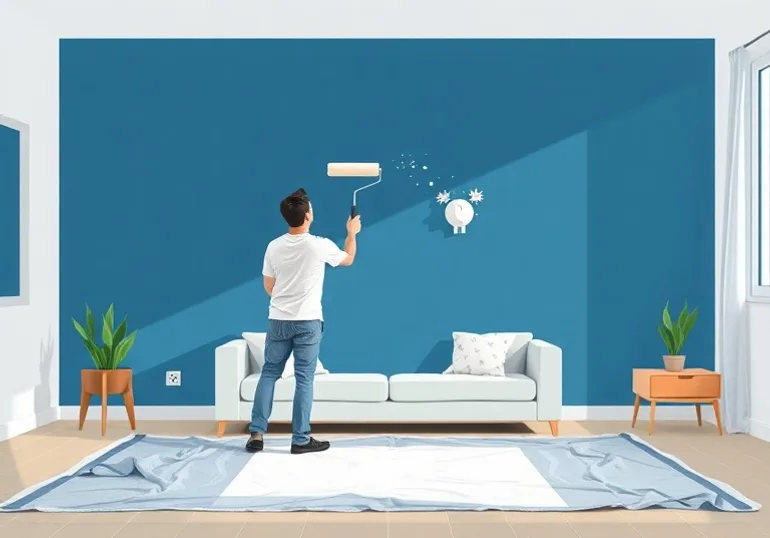 Peintre appliquant la peinture au rouleau sur un mur de salon